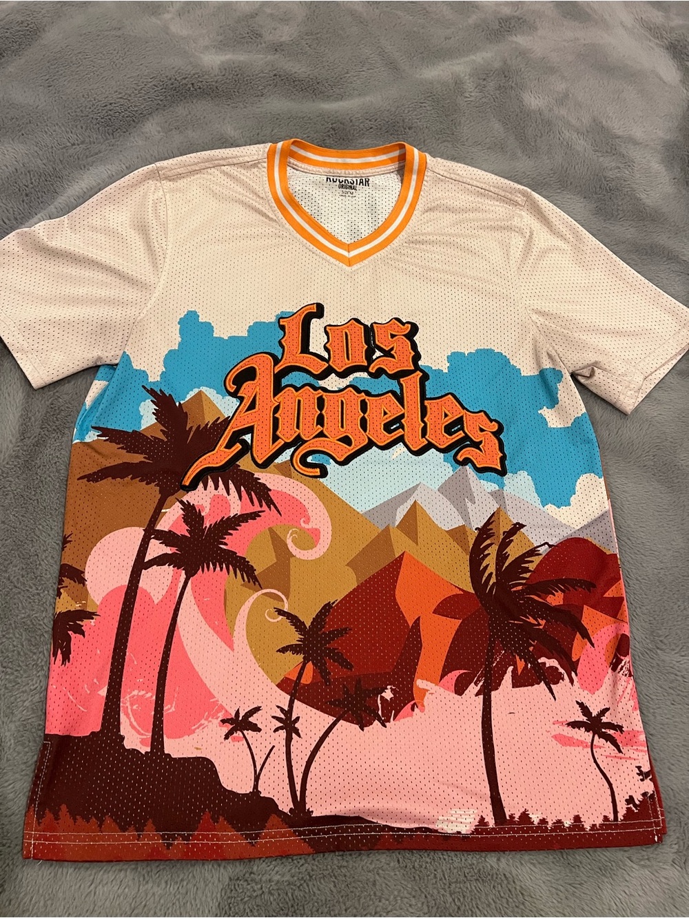 Rockstar Original Men’s Multicolor Los Angeles Graphic Logo Mesh V-Neck Tee M